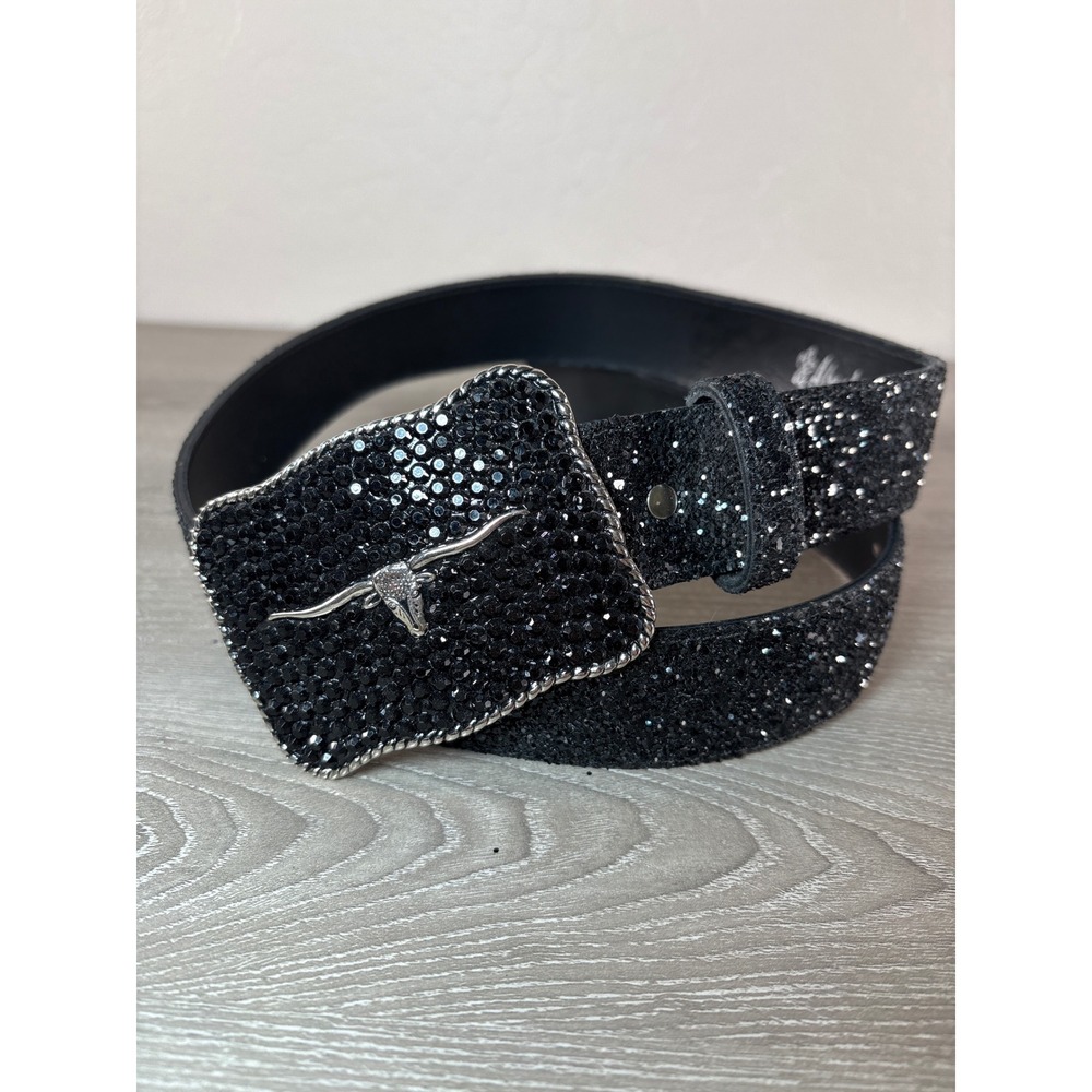 Absolutely West Womens Black Glitter Rhinestone Longhorn Western Belt Cowgirl L